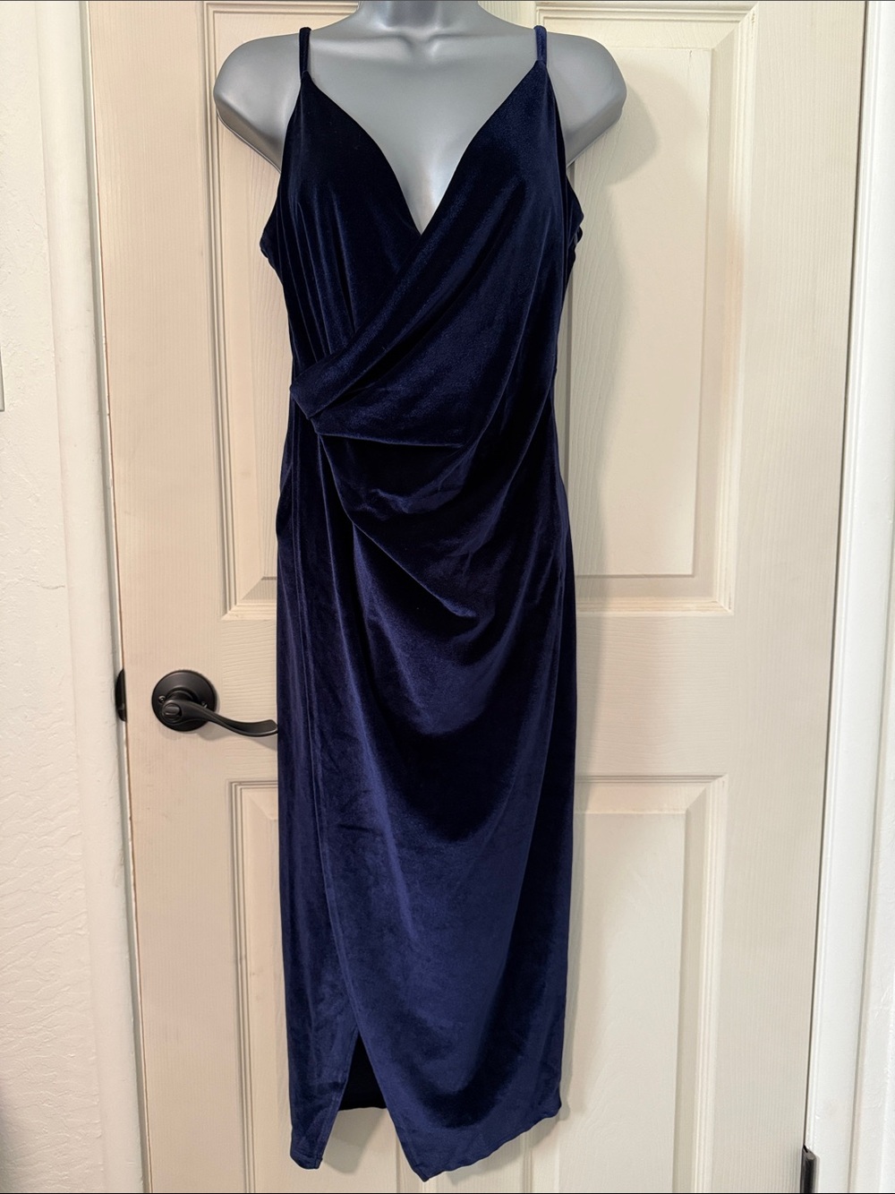 Sleeveless Navy Velvet Draped Midi Dress